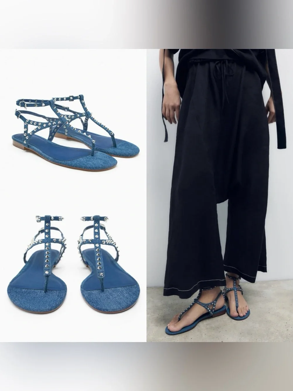 Zara Denim gladiator Studded T-Strap Sandals Blue denim silver flats strappy 40